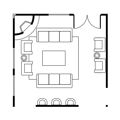 Zoned living floor plan for square living room
