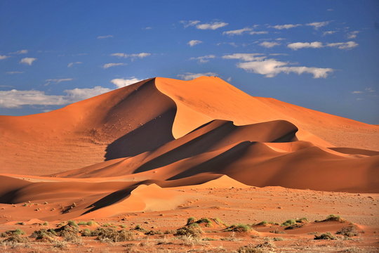 Vast orange sand dunes merge with the blue sky at Namib desert